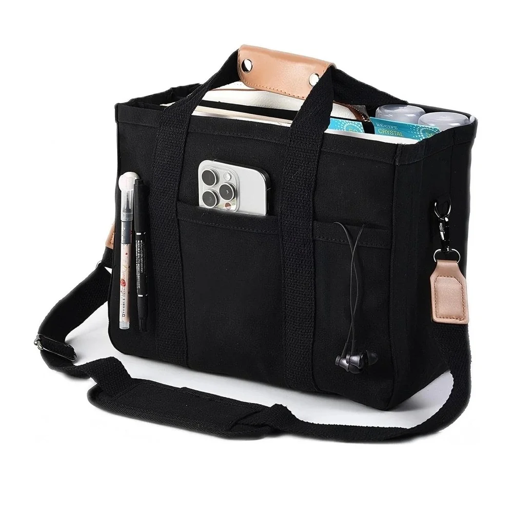 Black Canvas Utility Tote Bag Multi-Pocket Unisex Tool Organizer Crossbody Strap